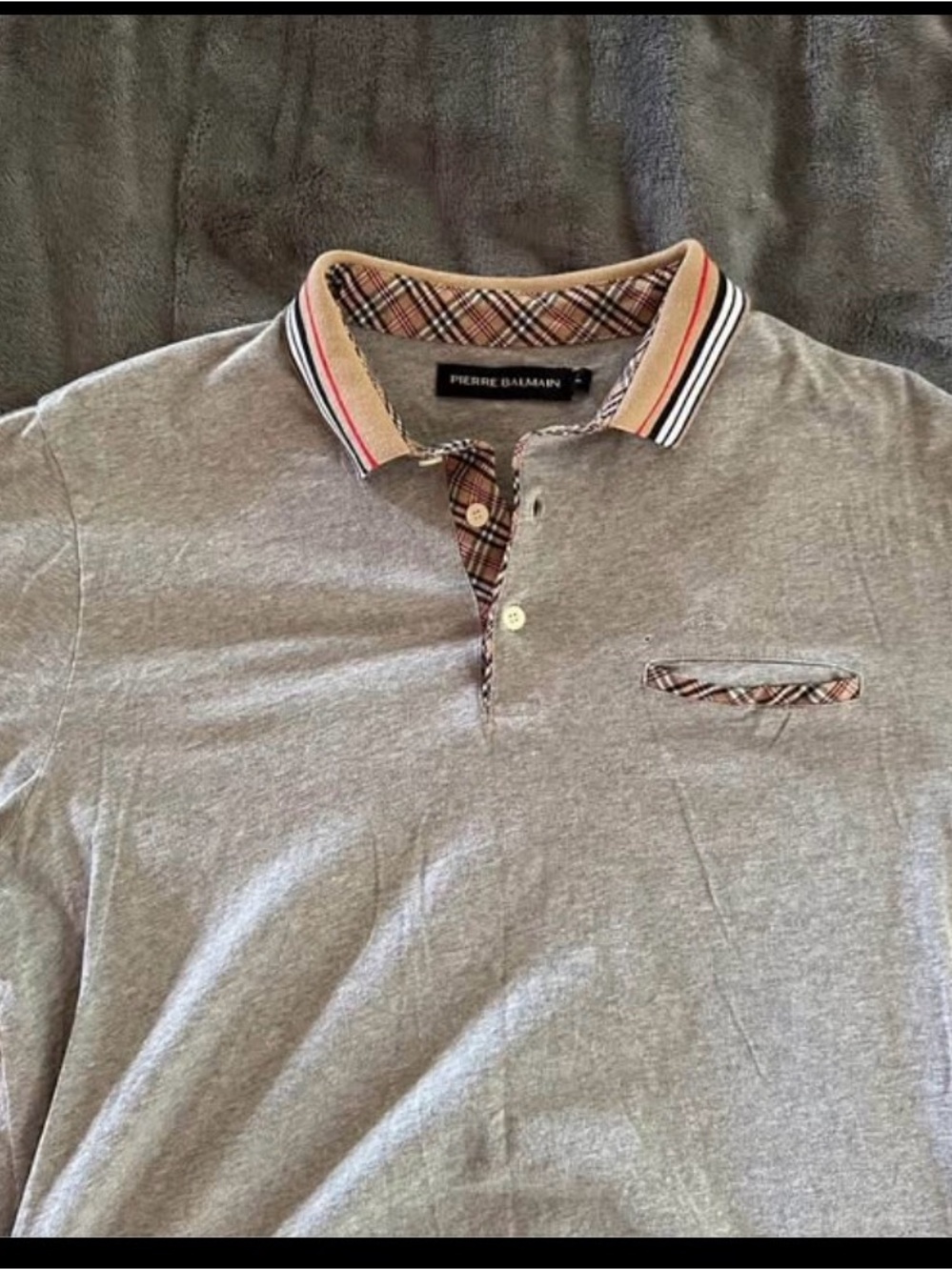 Pierre Balmain Grey Polo with Contrast Plaid Trim